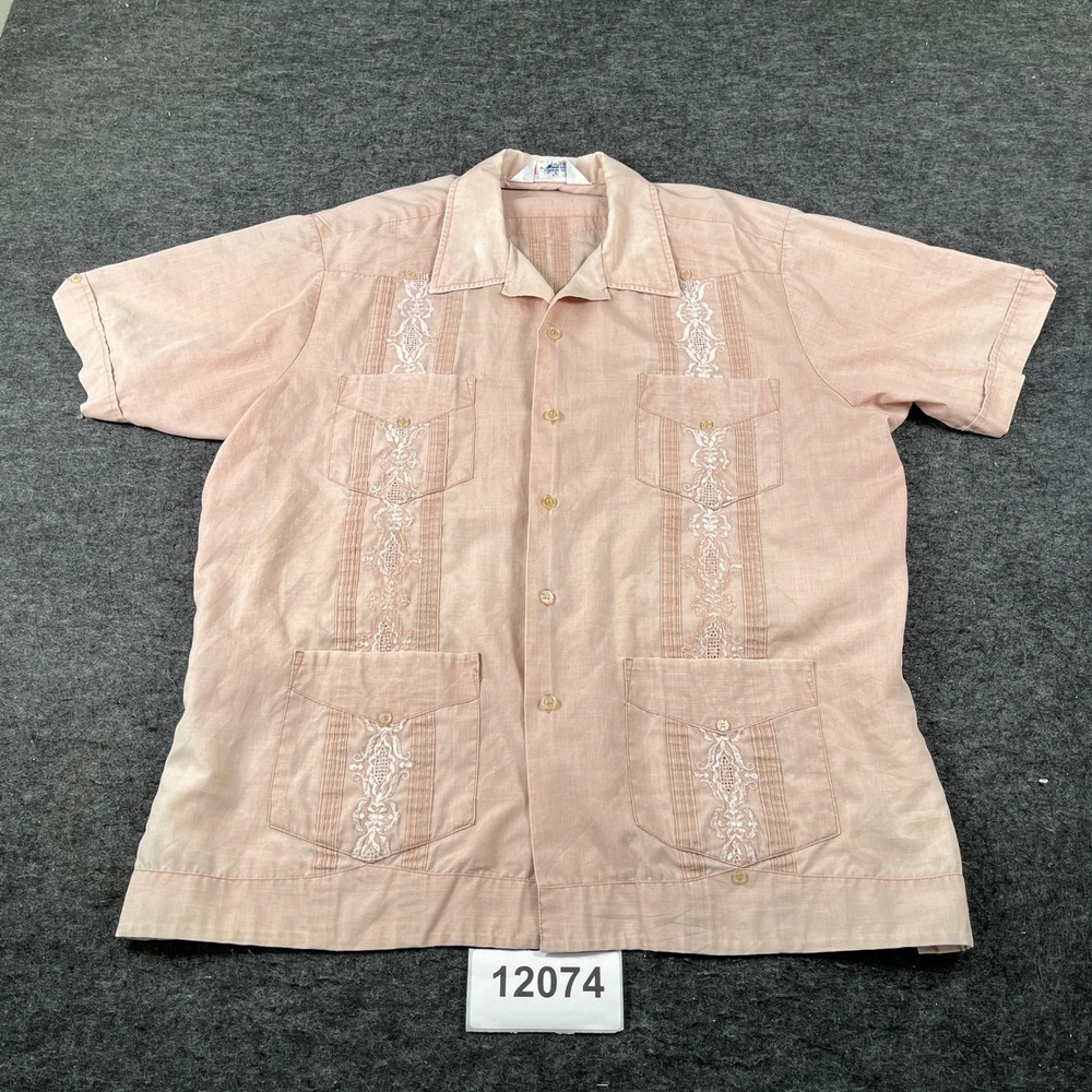 Romani Collection Shirt Men XL Light Pink Guayabera Embroidery Button Up Pleated